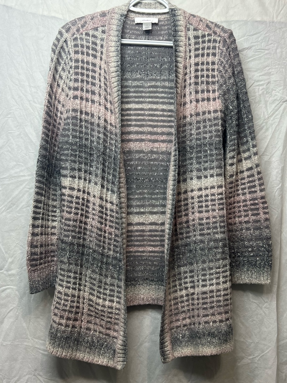 CJ Banks Open-Front Cardigan Sweater in Pink and Gray